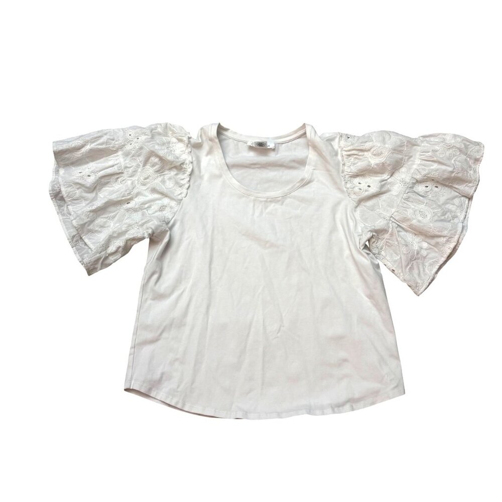 Bailey 44 Women's Blouse L White Round Neck Eyelet Embroidered Short Sleeve Boho